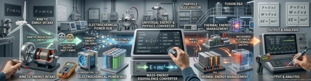 Energy and Physics Converter showing calculations of joules, kilojoules, electronvolts, watts and physical energy relationships
