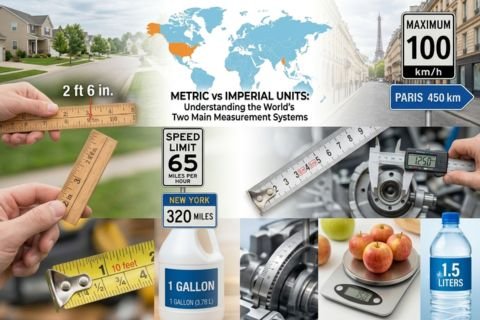 Metric vs imperial units comparison showing common measurements and conversion examples